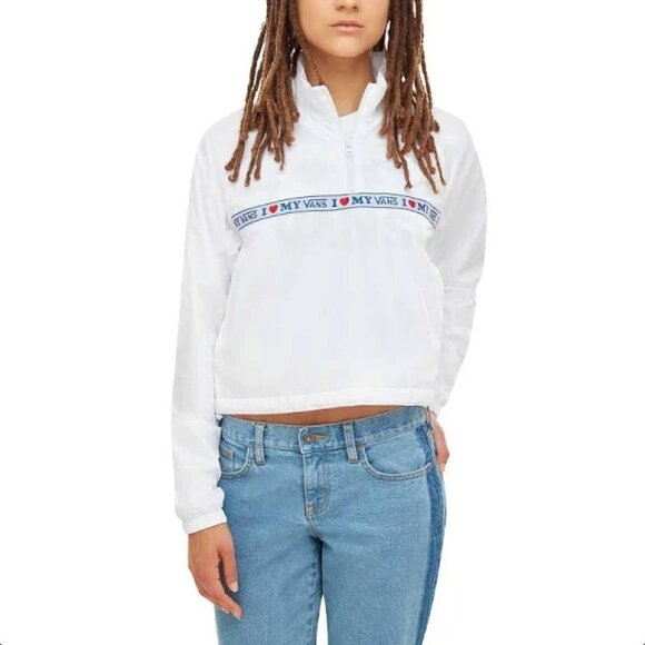VANS I Love My Vans White Blue Cropped Anorak Windbreaker Jacket Size Large - Picture 1 of 10